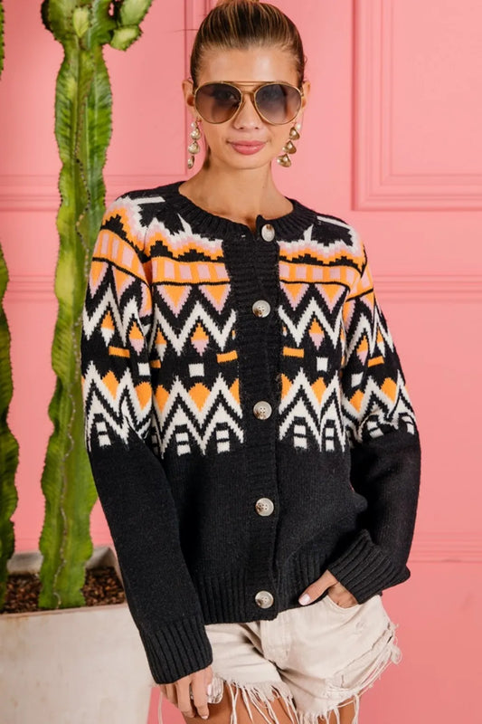 BiBi Ethnic Pattern Button Up Knit Cardigan Black Multi - Fashorio