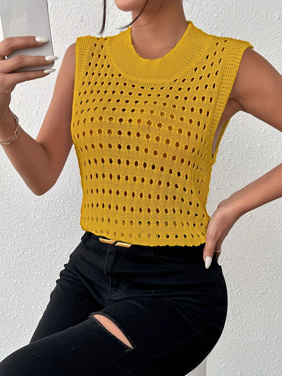 Openwork round neck knit tank hem detail