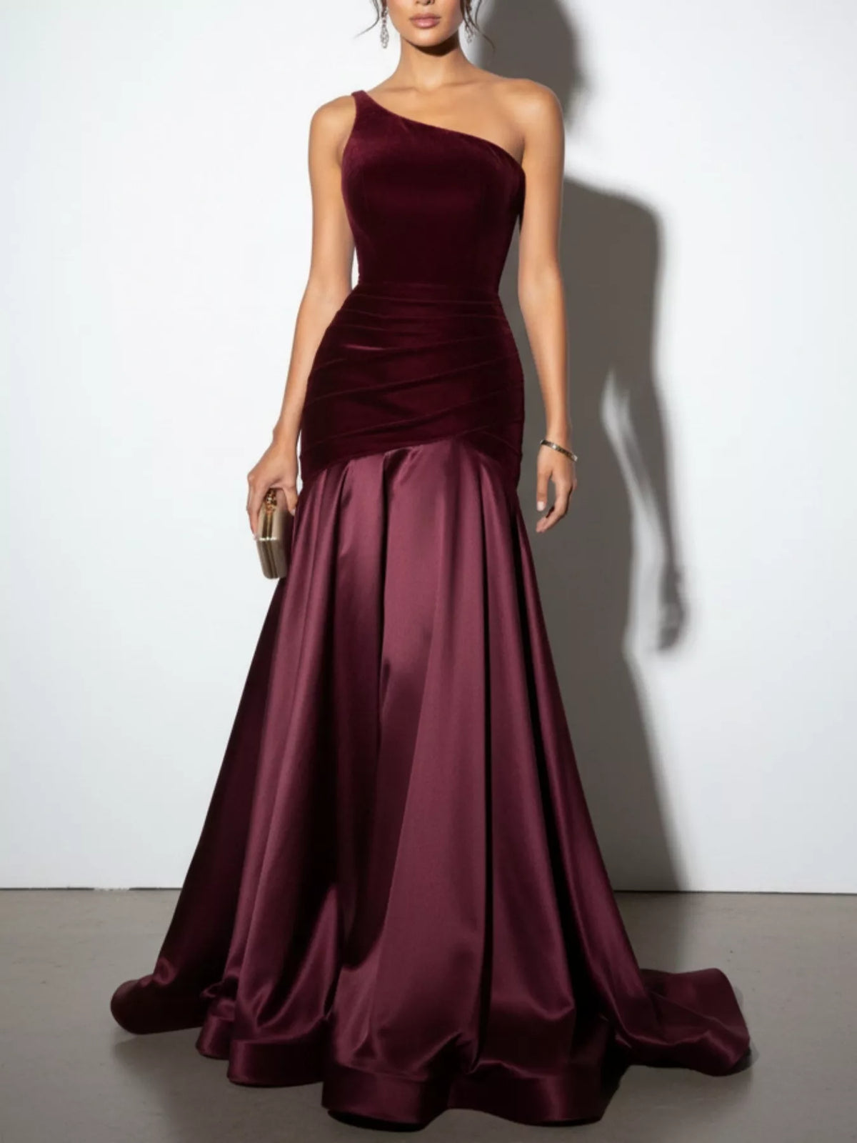 Single shoulder floor length dress front view in wine red