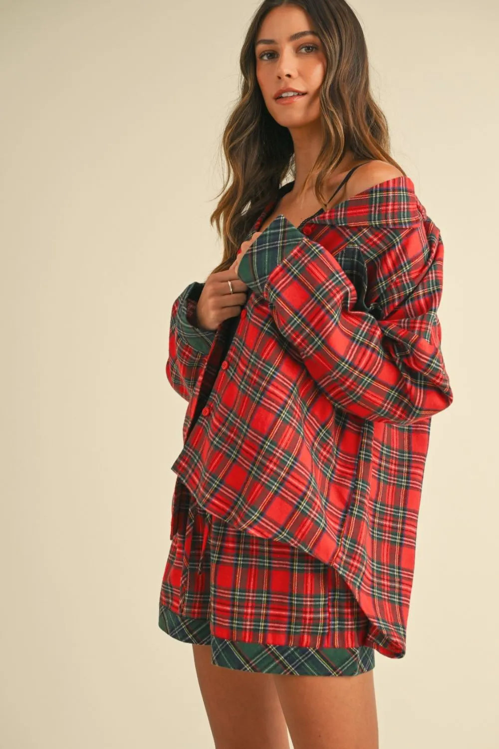 Annie Wear Contrast Plaid Long Sleeve Top and Shorts Set - Fashorio