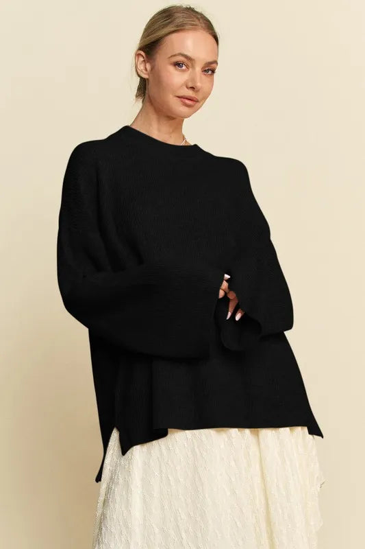 High Low Round Neck Drop Shoulder Sweater in Black