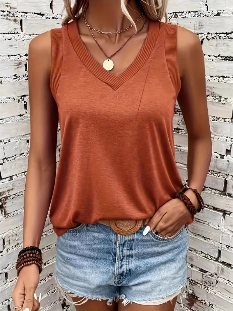 Breathable V neck ribbed band tank top in orange front view