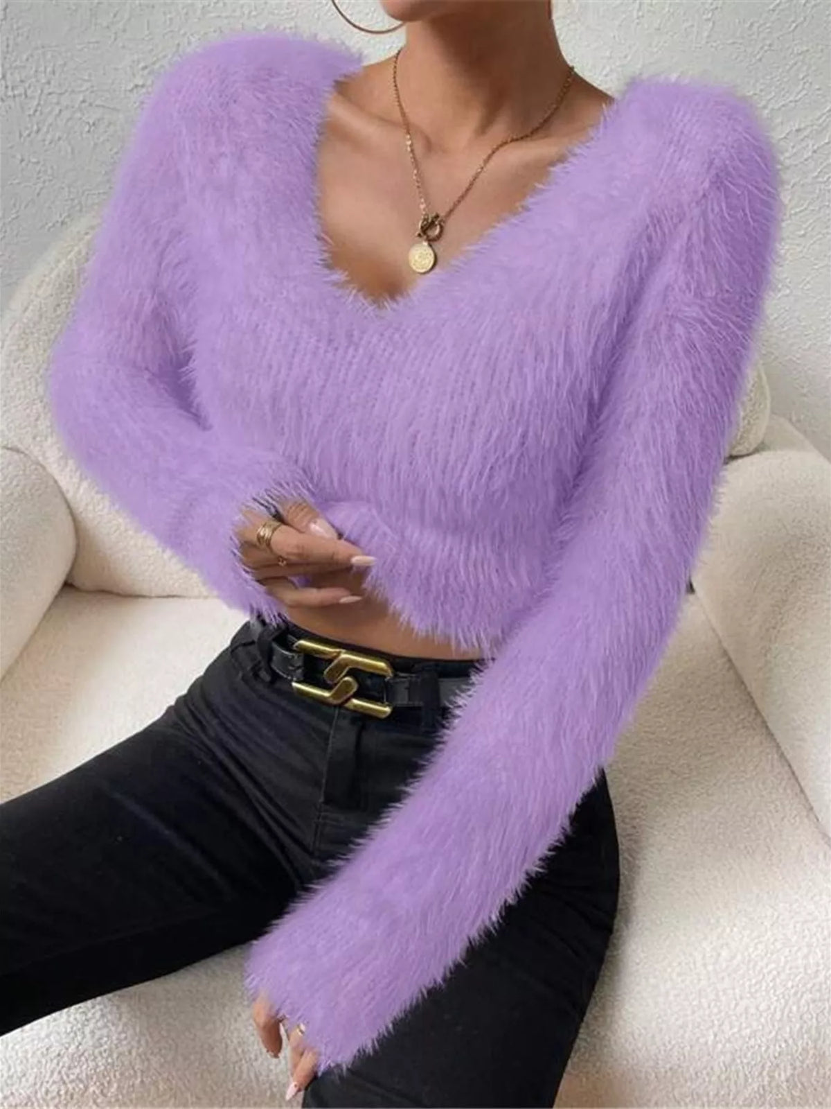 Fluffy knit V-neck sweater styling view
