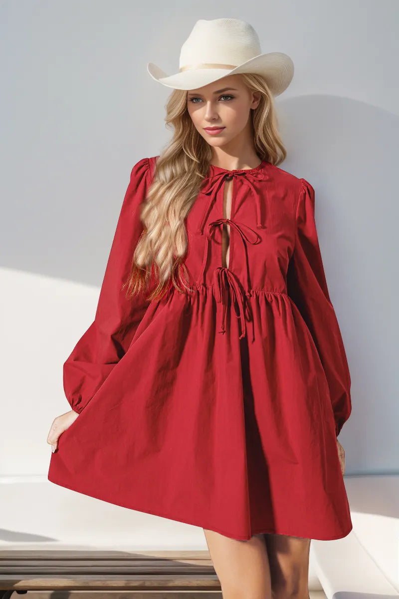 Front tied ruched long sleeve mini dress front view