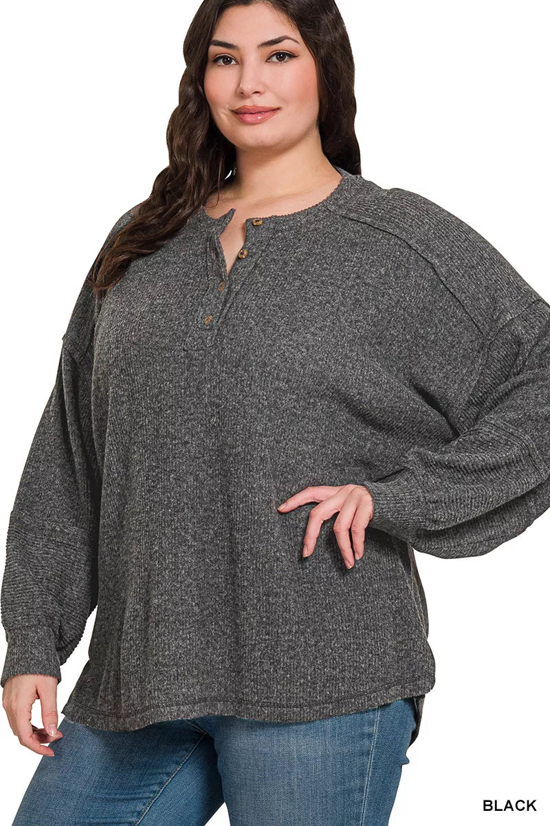 Ribbed Brushed Hacci Henley Sweater Plus Size in Black detail