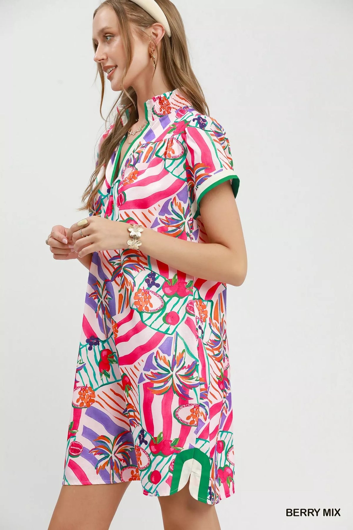 Berry tropical print collared shift dress back view