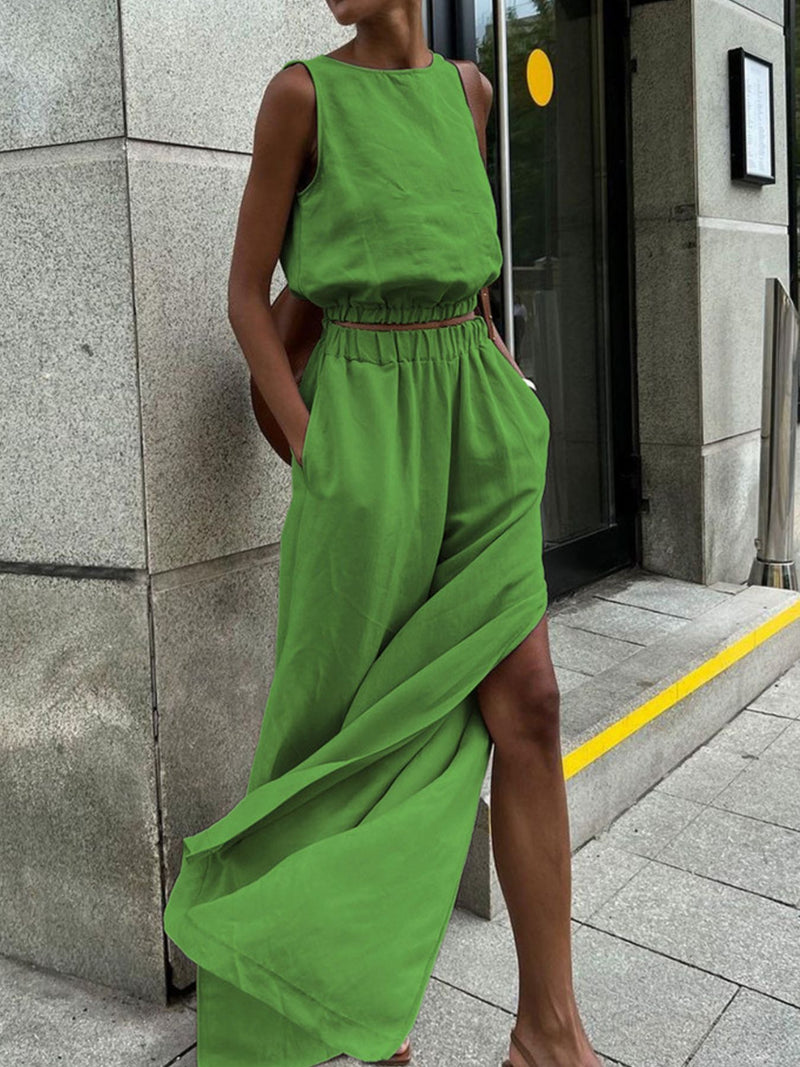 Sleeveless crop top and slit pants two piece set front view