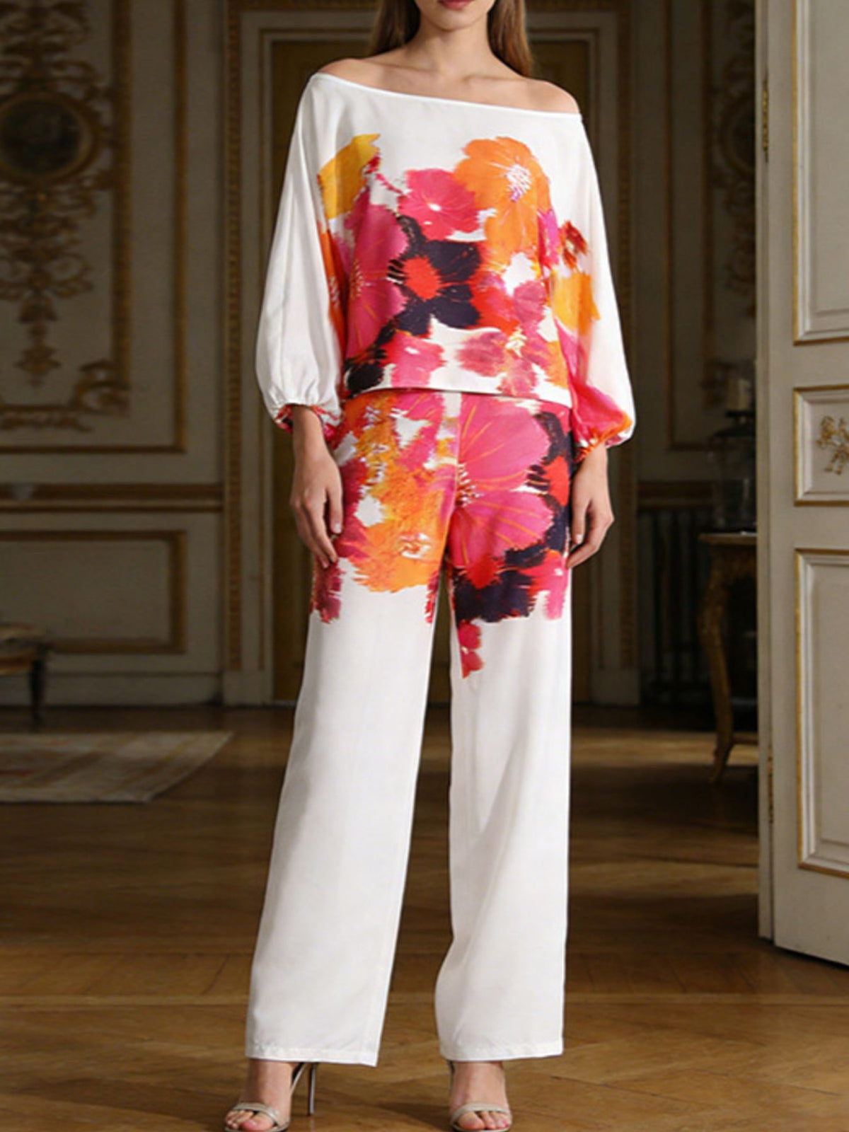 Floral off shoulder top and pants set front view
