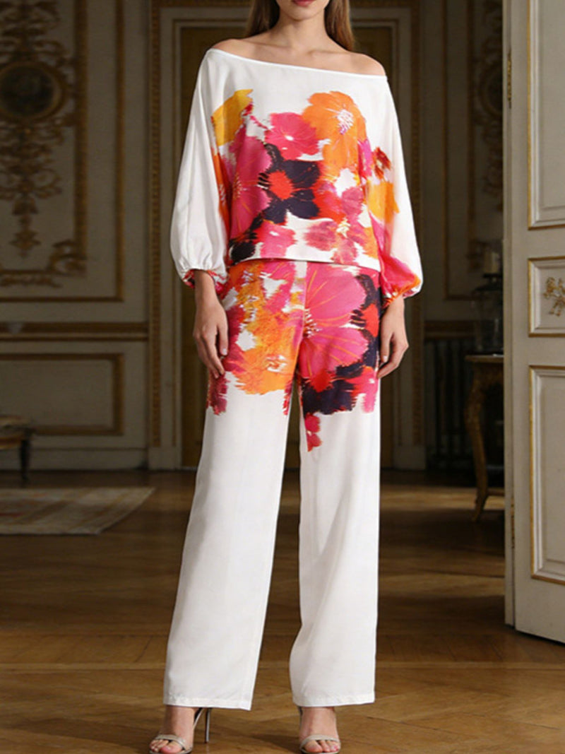 Floral off shoulder top and pants set front view