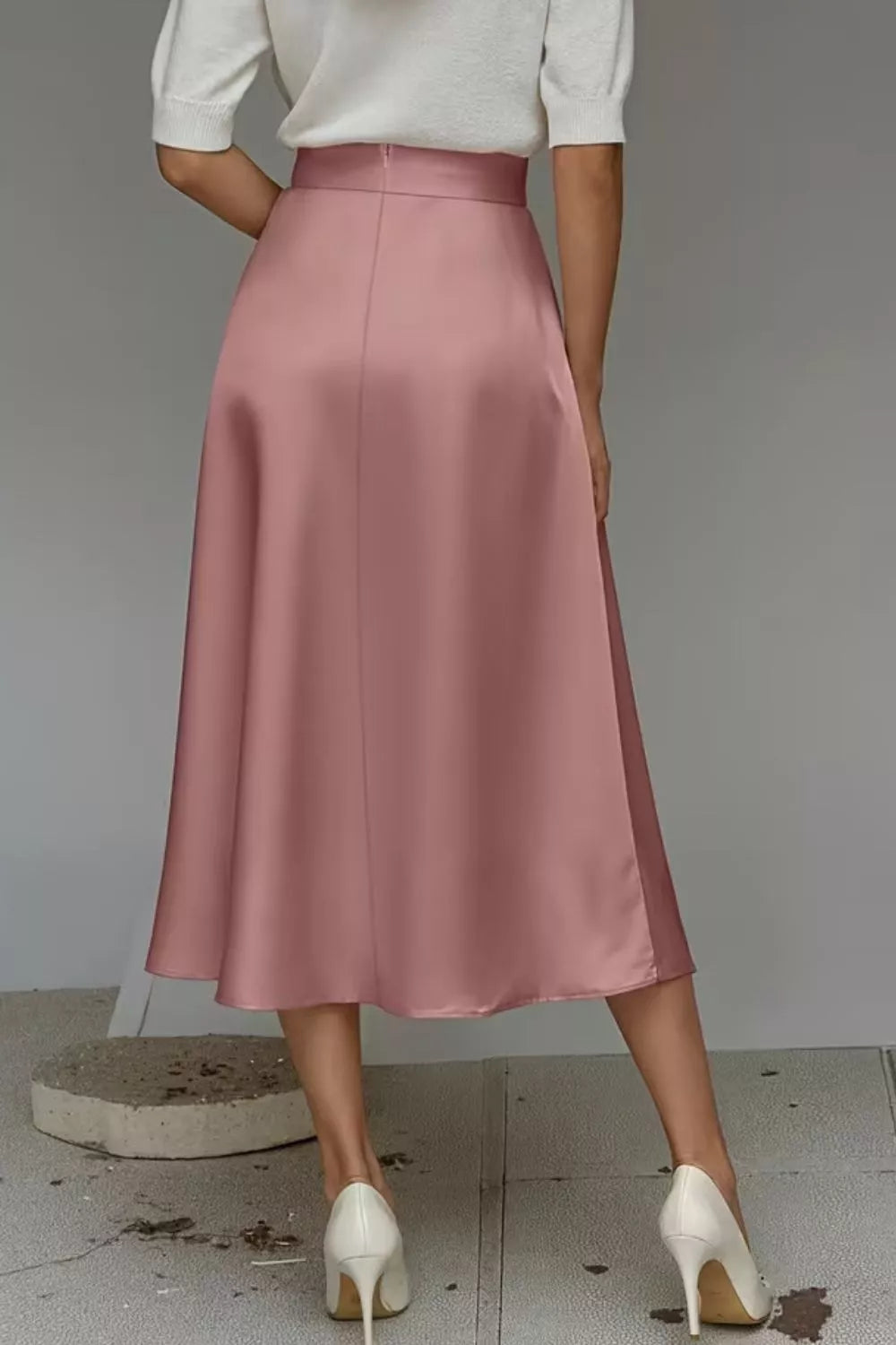 Satin A line midi skirt styled look