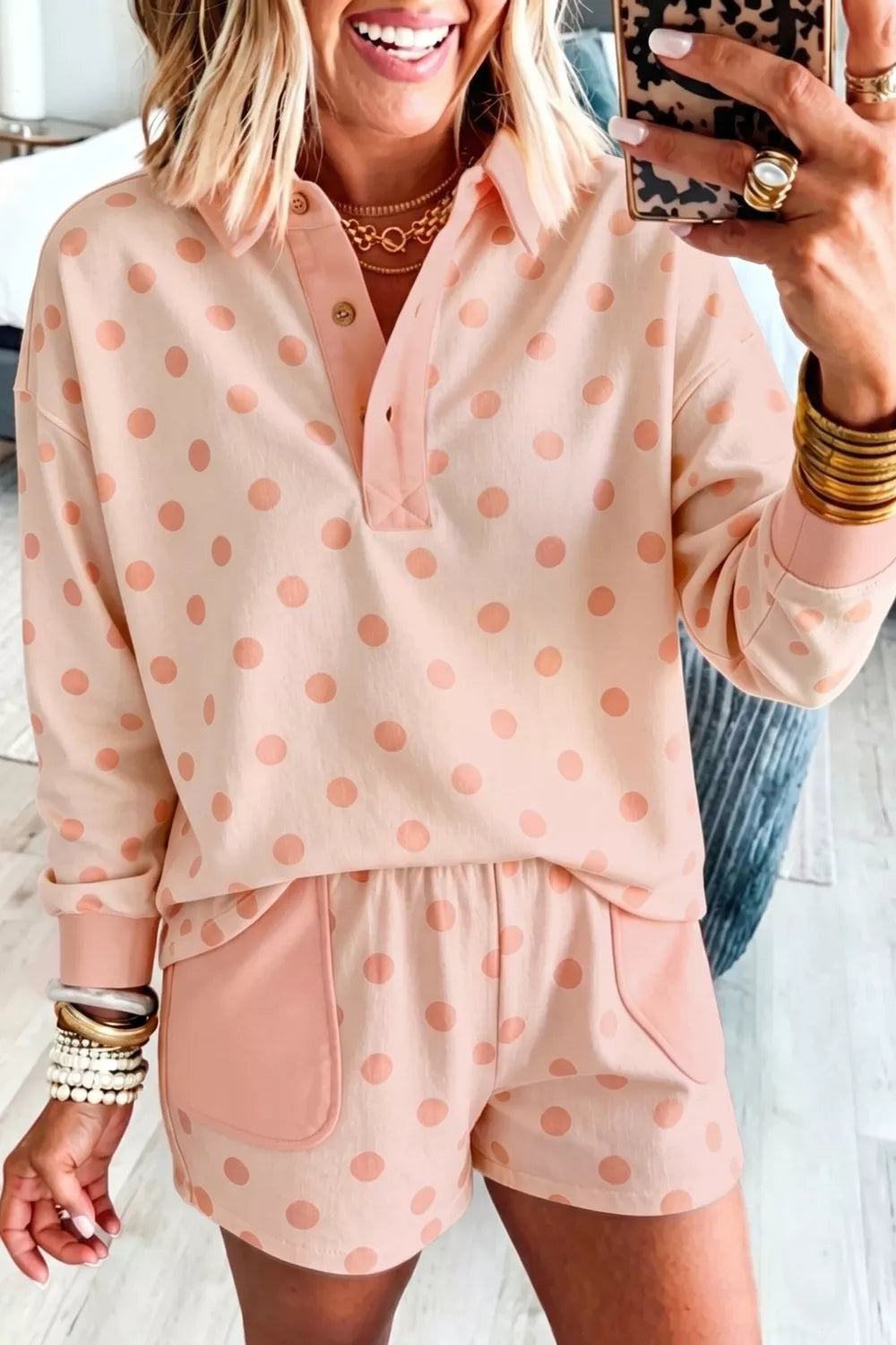 Matching polka dot shorts with patch pockets