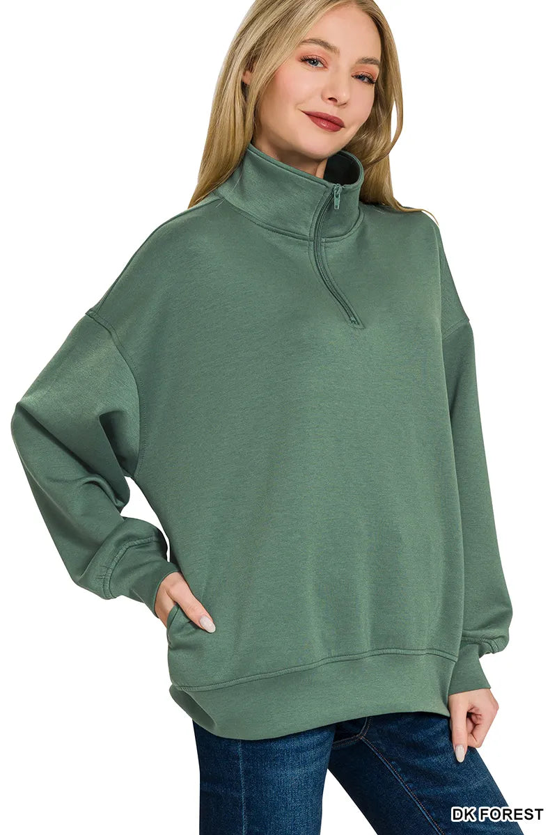 Zenana Scuba Quarter-Zip Sweatshirt DK FOREST - Fashorio