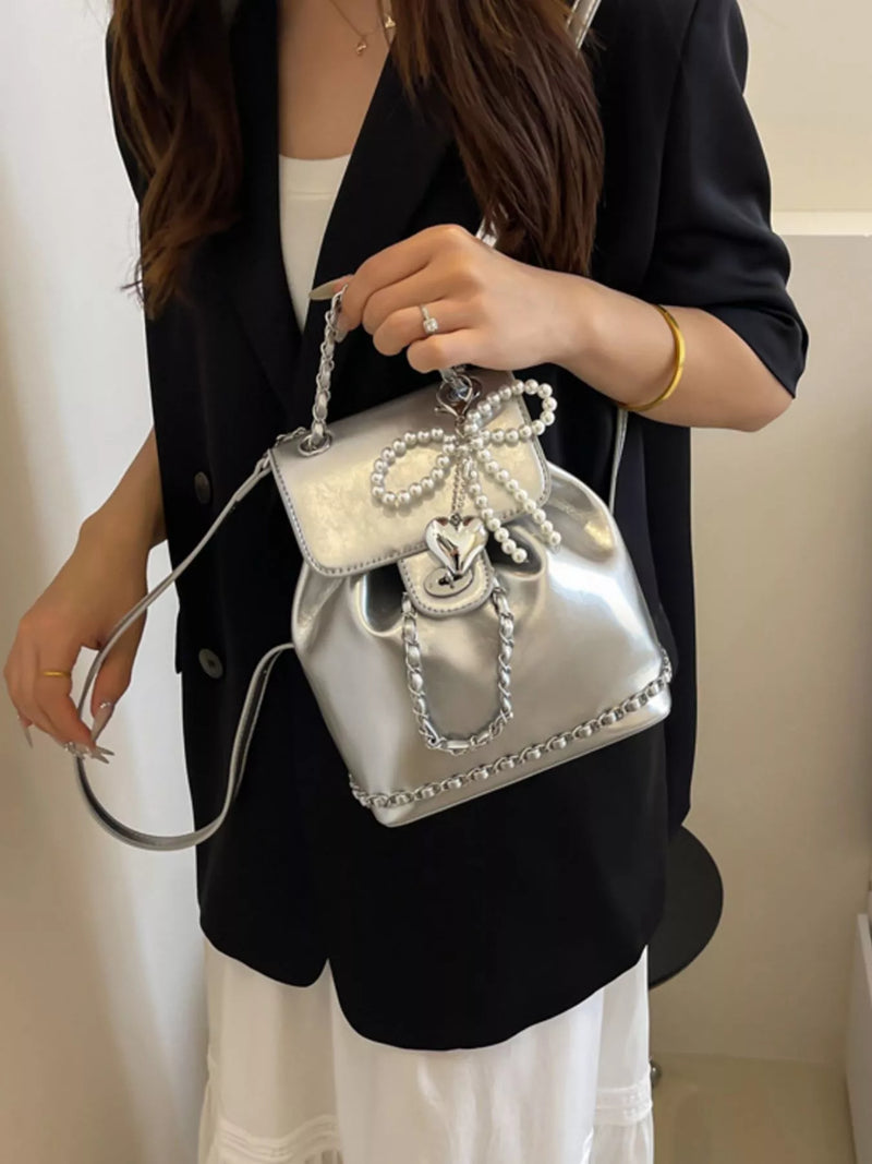 silver pearl mini backpack front view