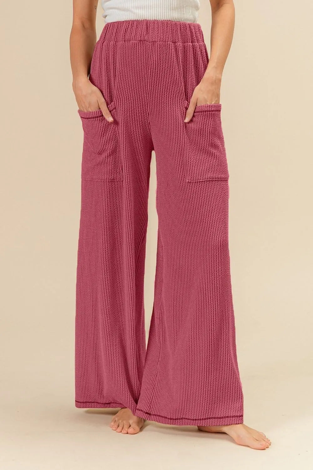 BiBi 2tone Cord Rib Waist Band Side Pocket Pants DK MAUVE - Fashorio