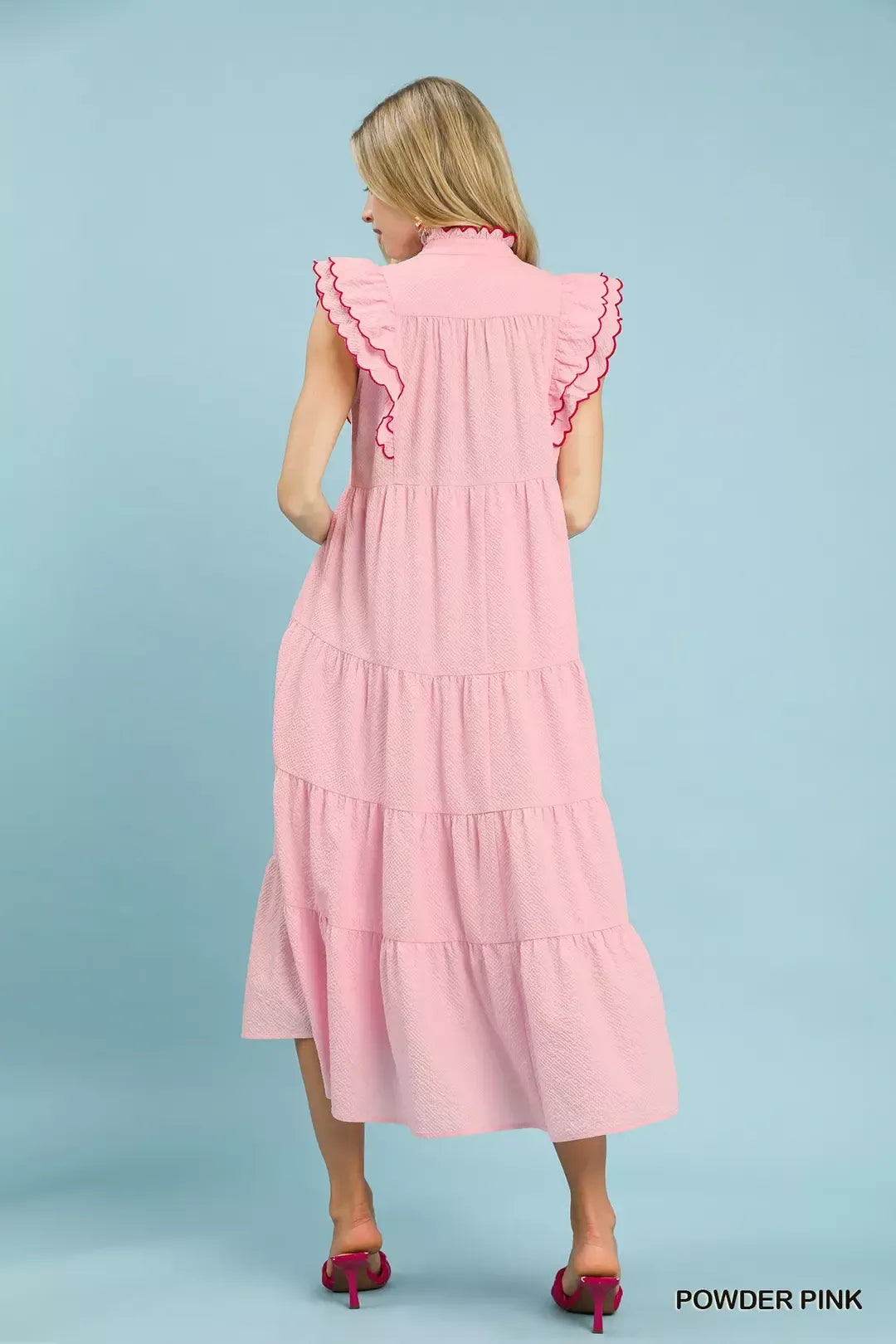 Seersucker Ruffle Sleeve Tiered Midi Dress detail