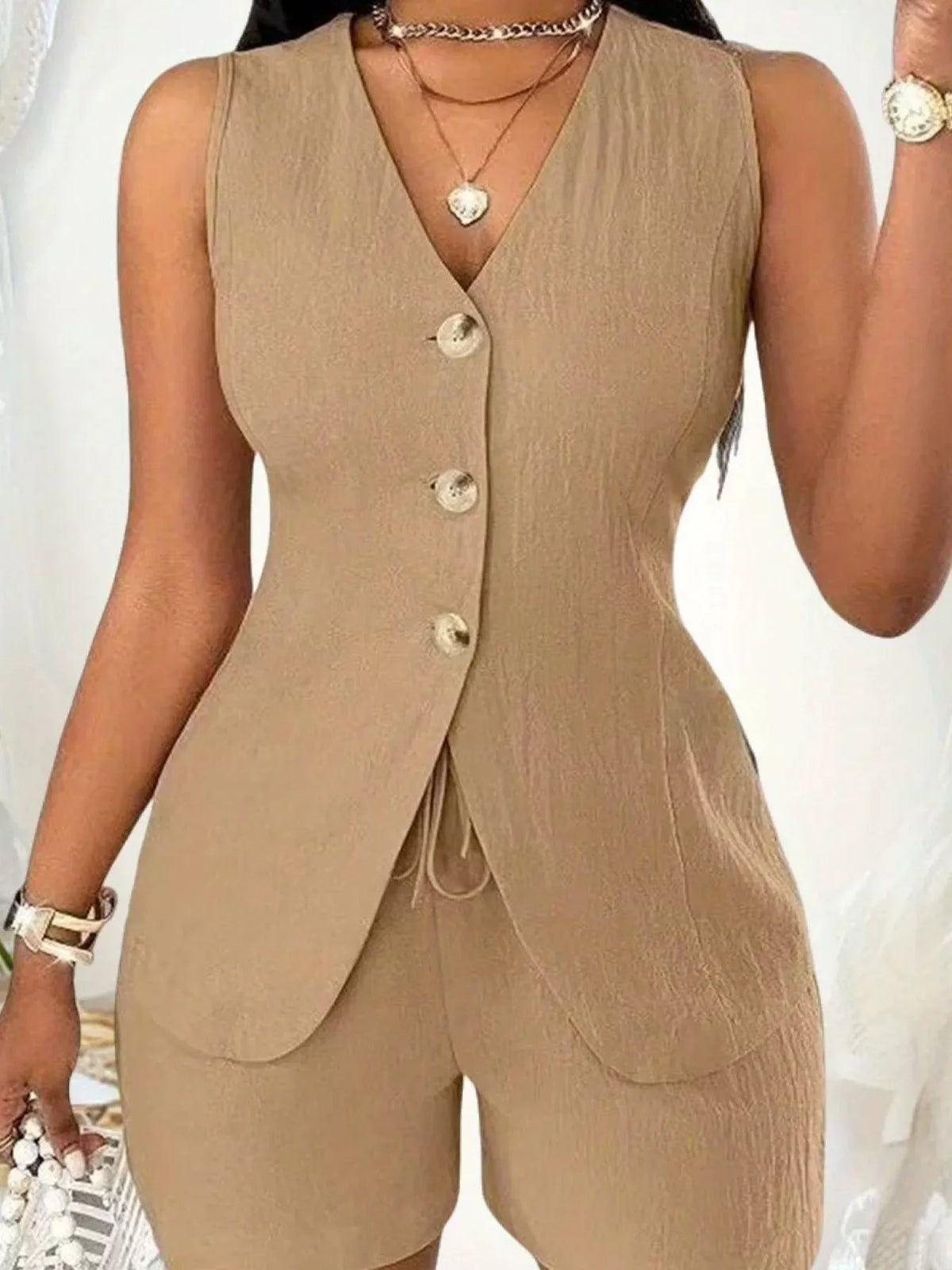 Sleeveless Button Down Vest and Shorts Set, view 22