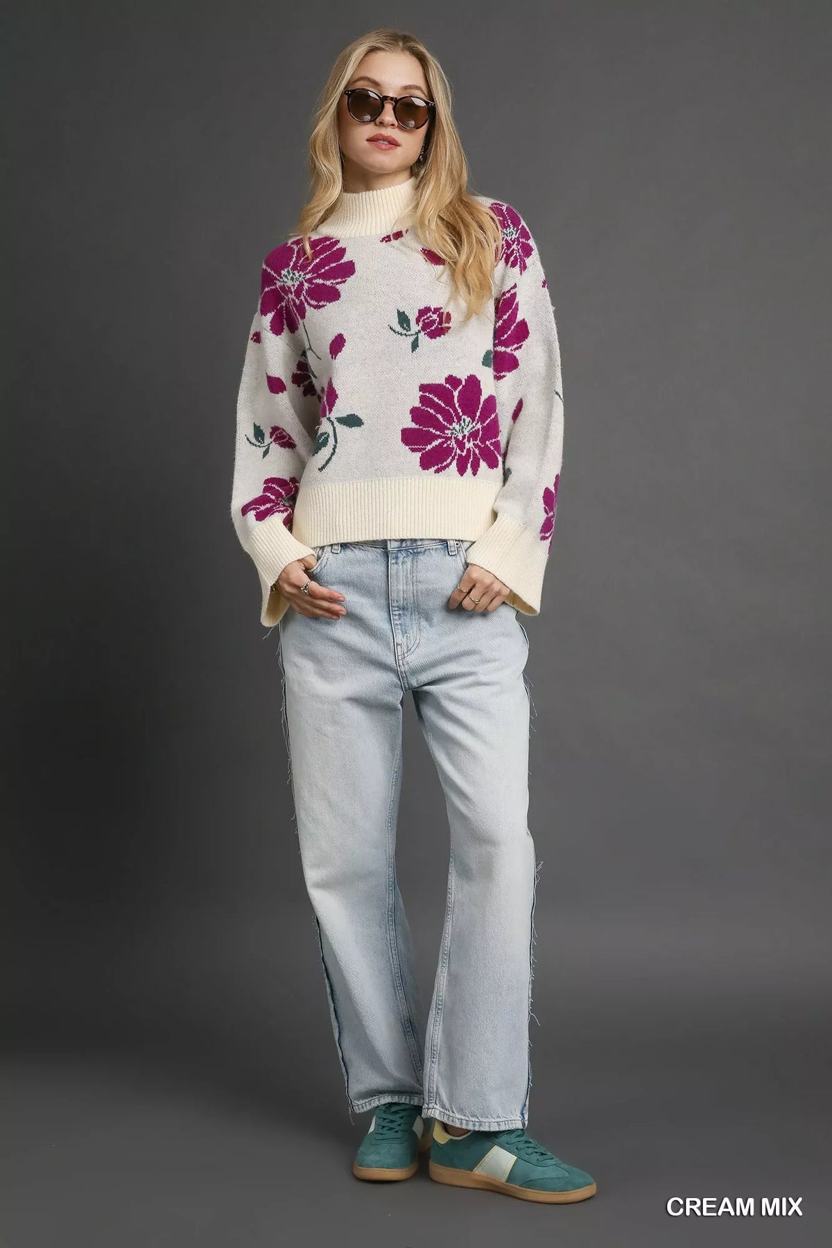 Floral Pattern Mock Neck Sweater in Cream detail