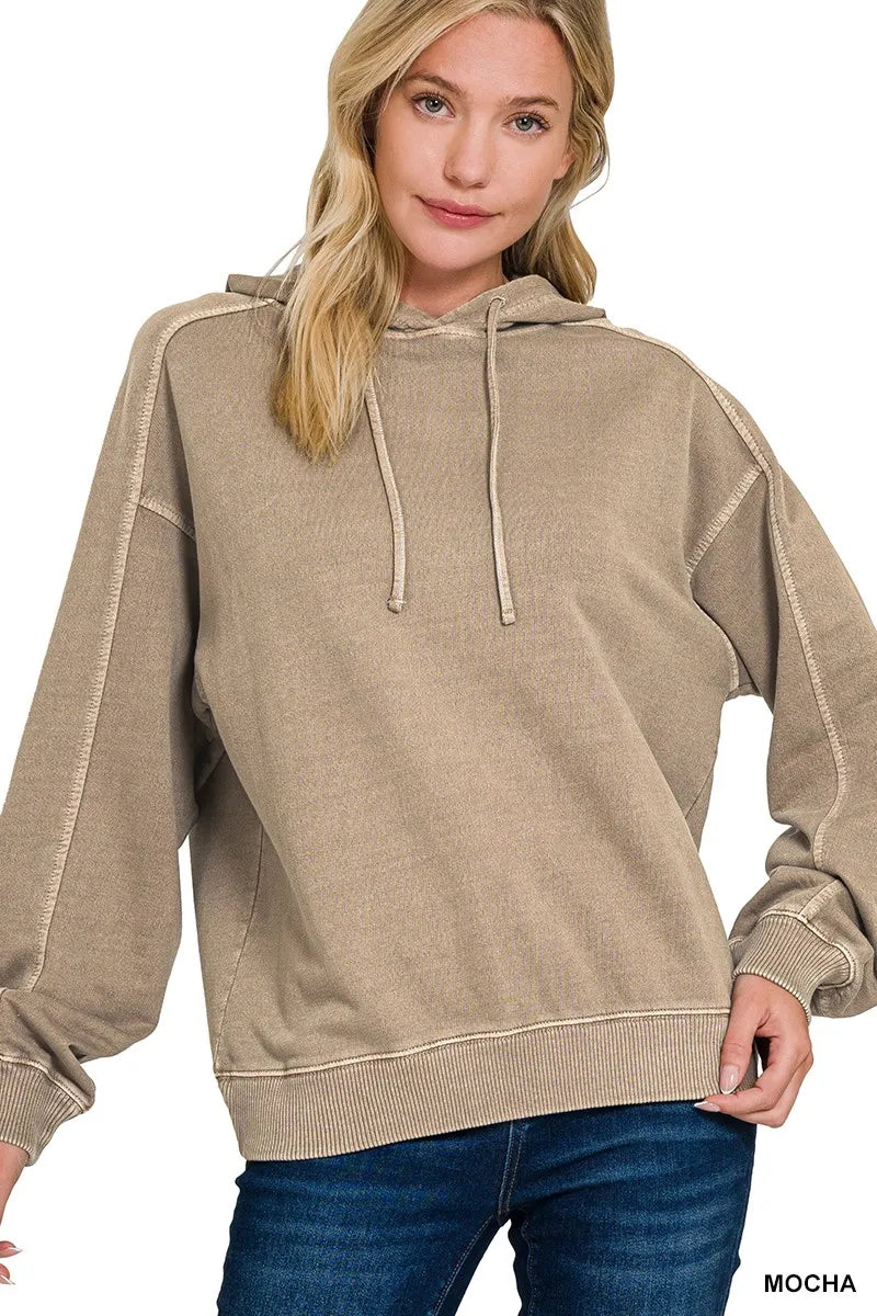 Zenana French Terry Pigment Dye & Enzyme Washing Hoodie MOCHA - Fashorio