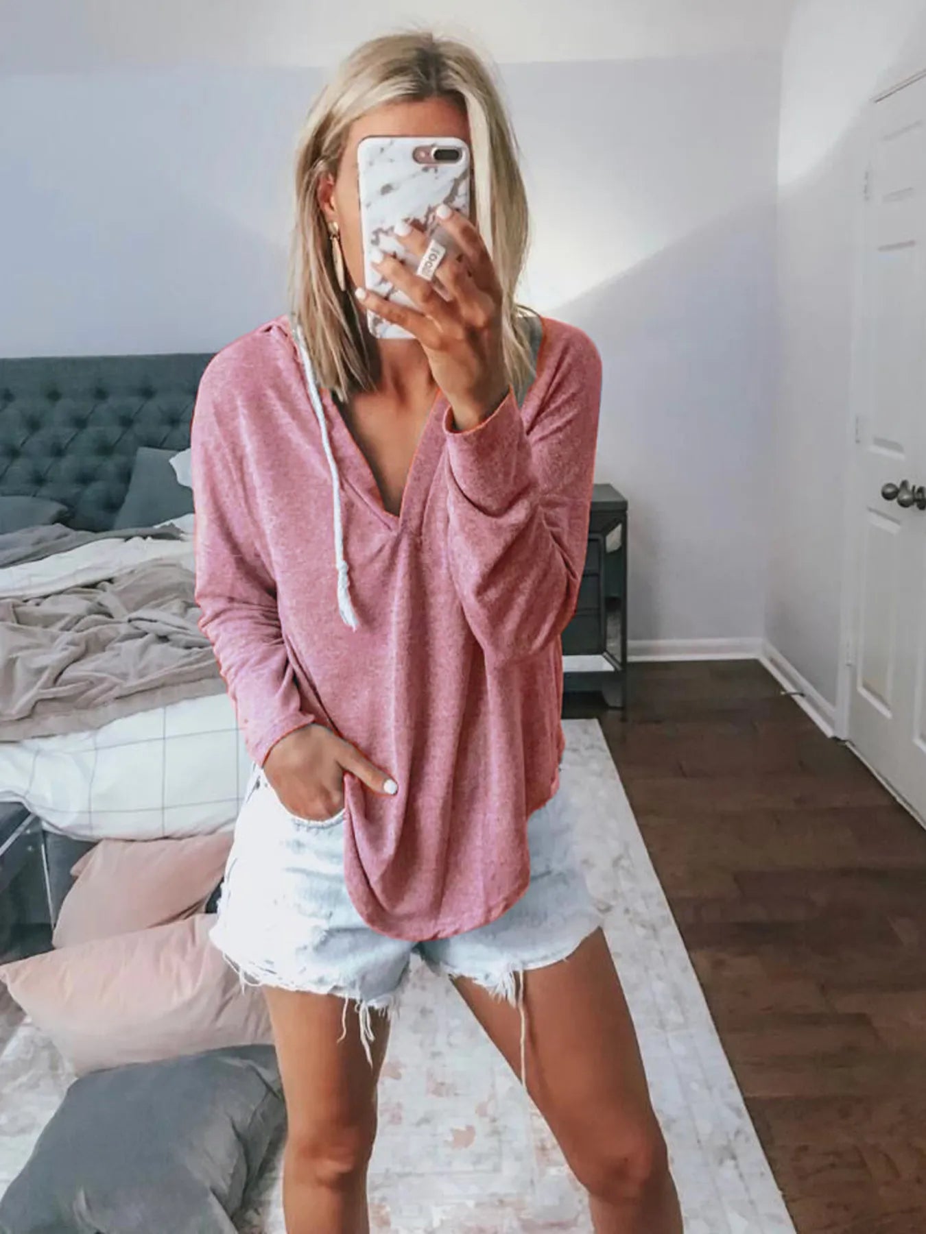 Full Size Drawstring Long Sleeve Hoodie Plus Size Pink - Fashorio