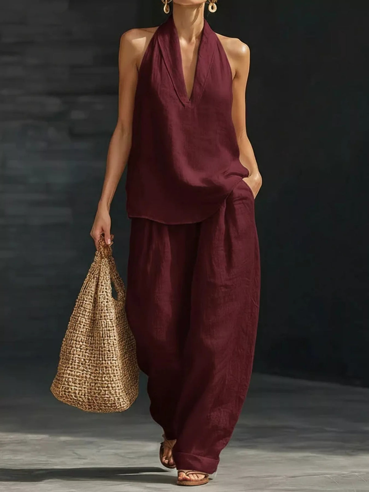Halter Neck Top and Wide Leg Pants Set Plus Size, view 12