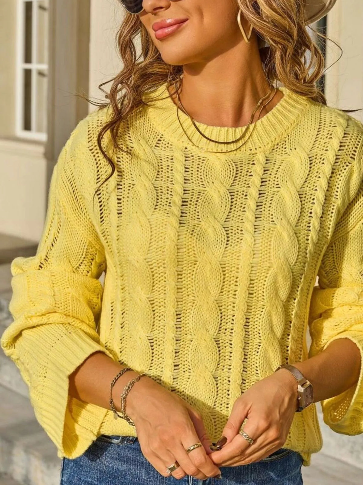 cable knit openwork long sleeve sweater fabric detail