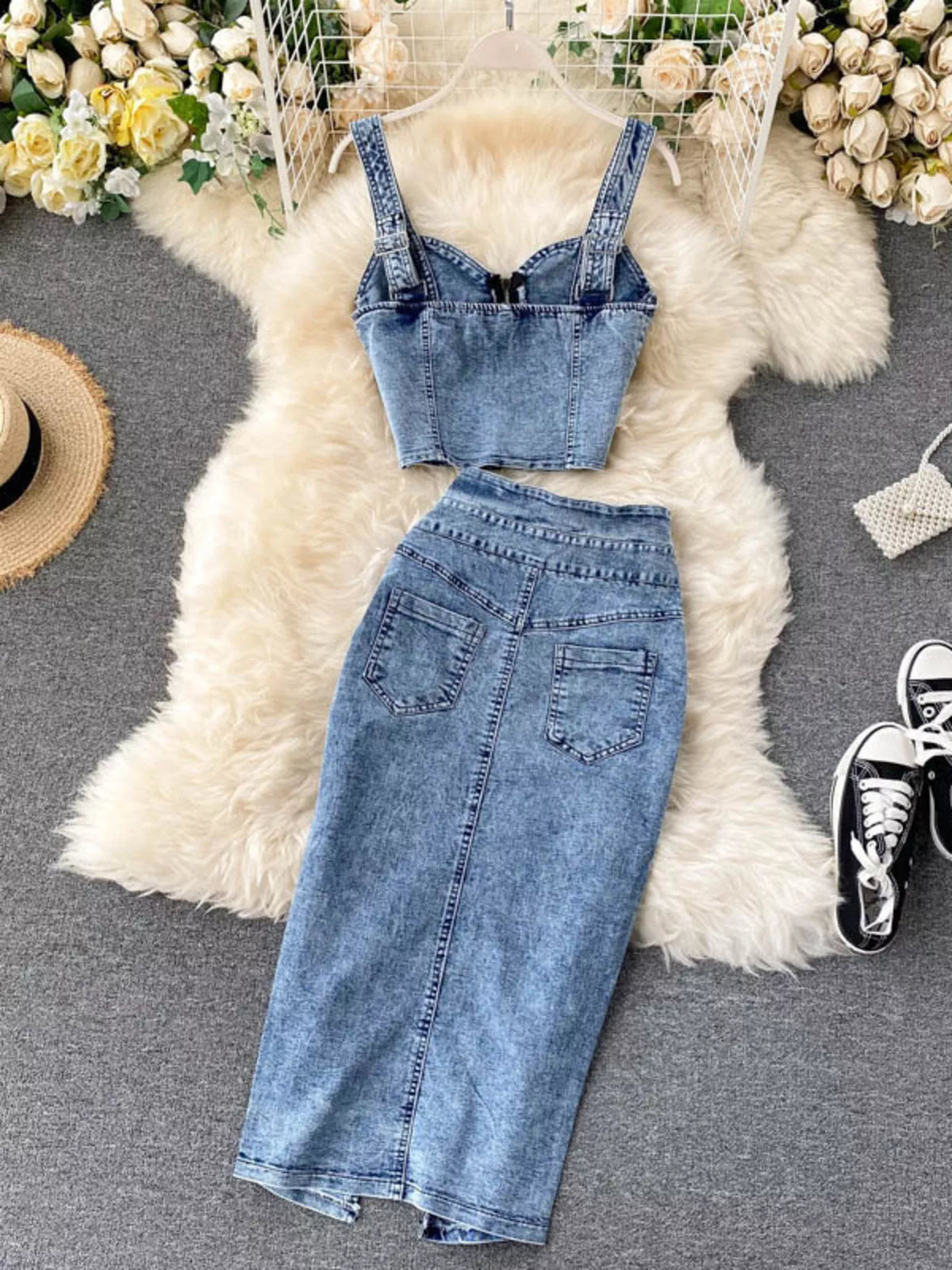 Blue denim zipper top and skirt set styled look