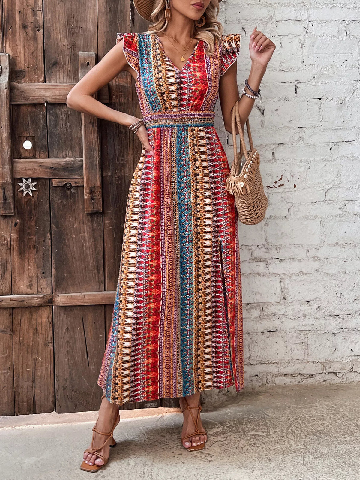 Boho print ruffle sleeve slit dress back view