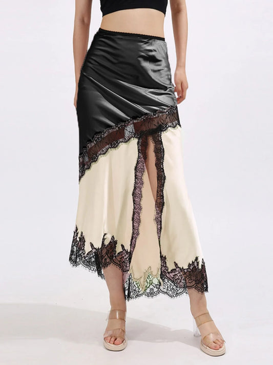 Lace Trim Asymmetrical Midi Skirt Apricot - Fashorio
