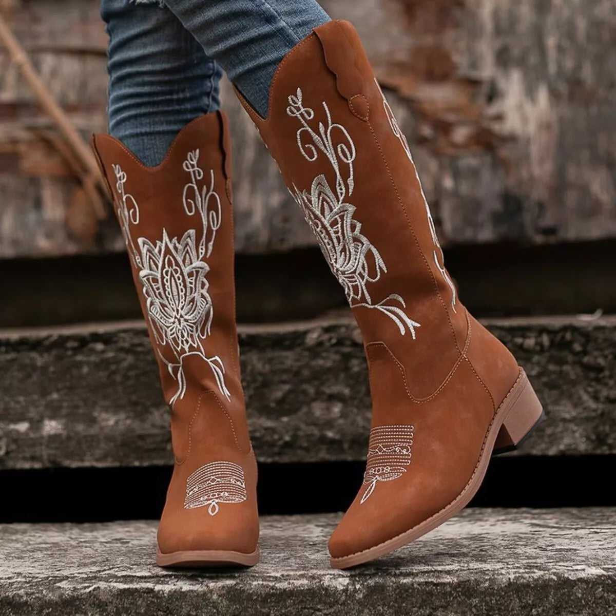 Embroidered western block heel boots back view