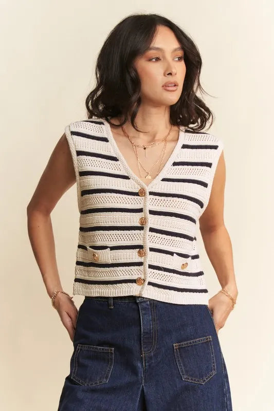Striped Cropped Sweater Vest Top in White