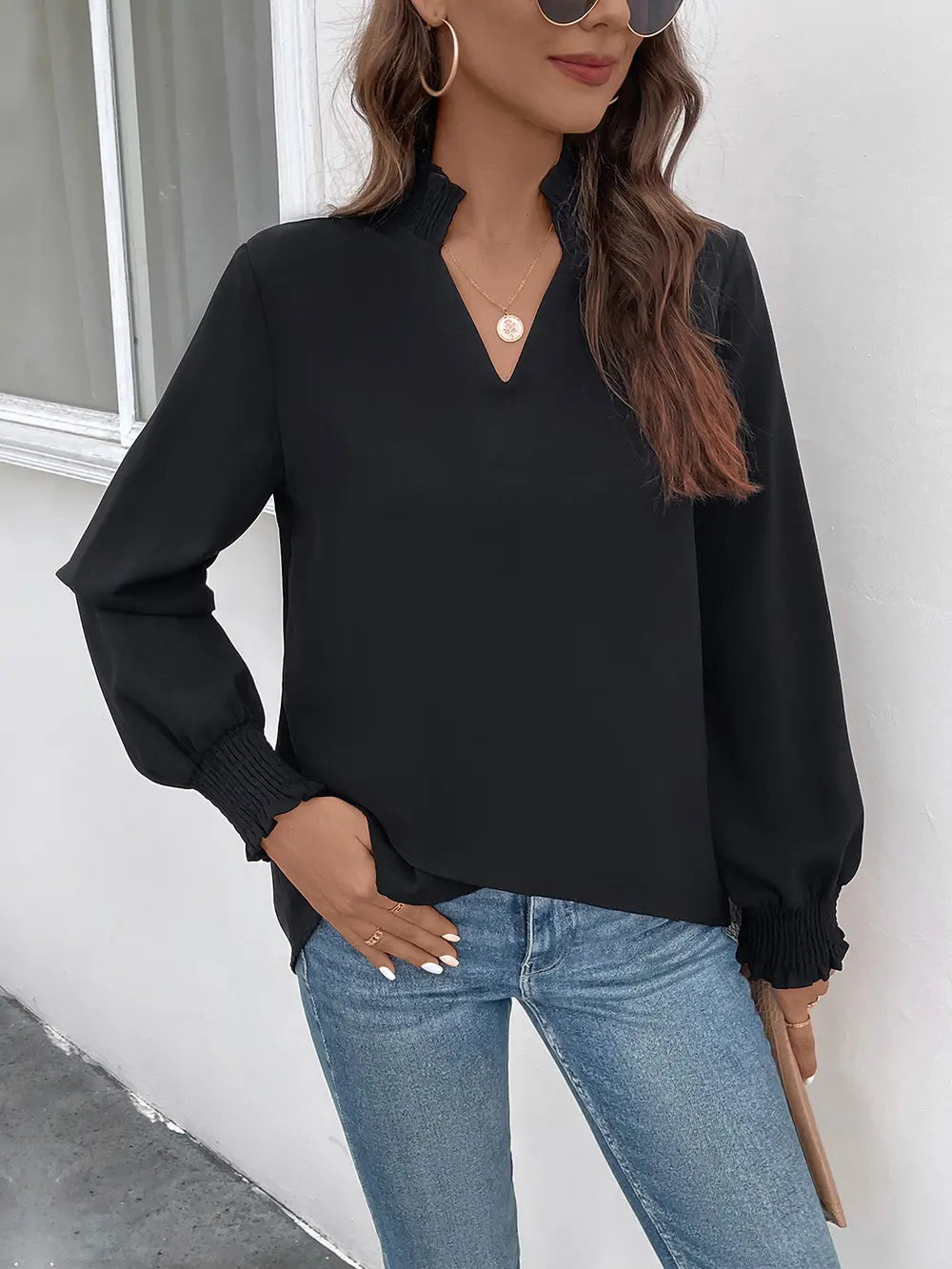 Perfee Smocked Notched Long Sleeve Blouse Black - Fashorio