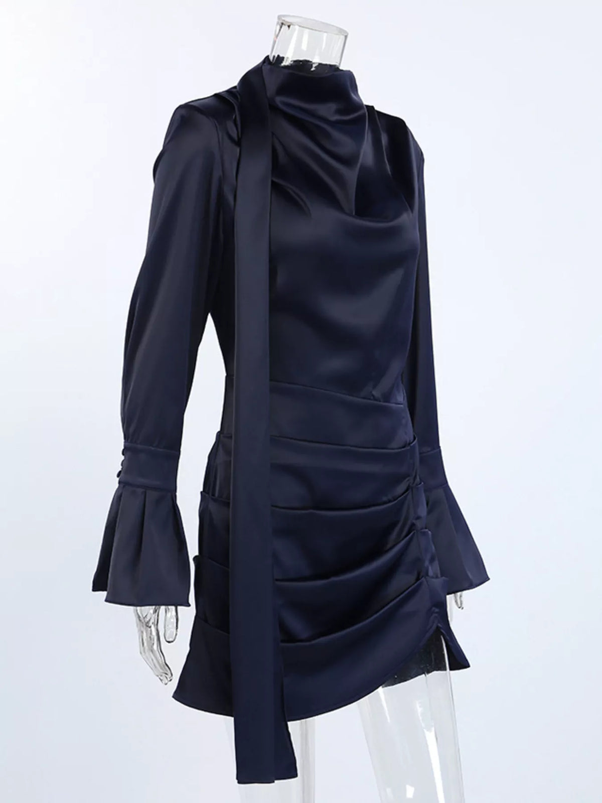 Dark Navy mock neck flounce sleeve dress full length view