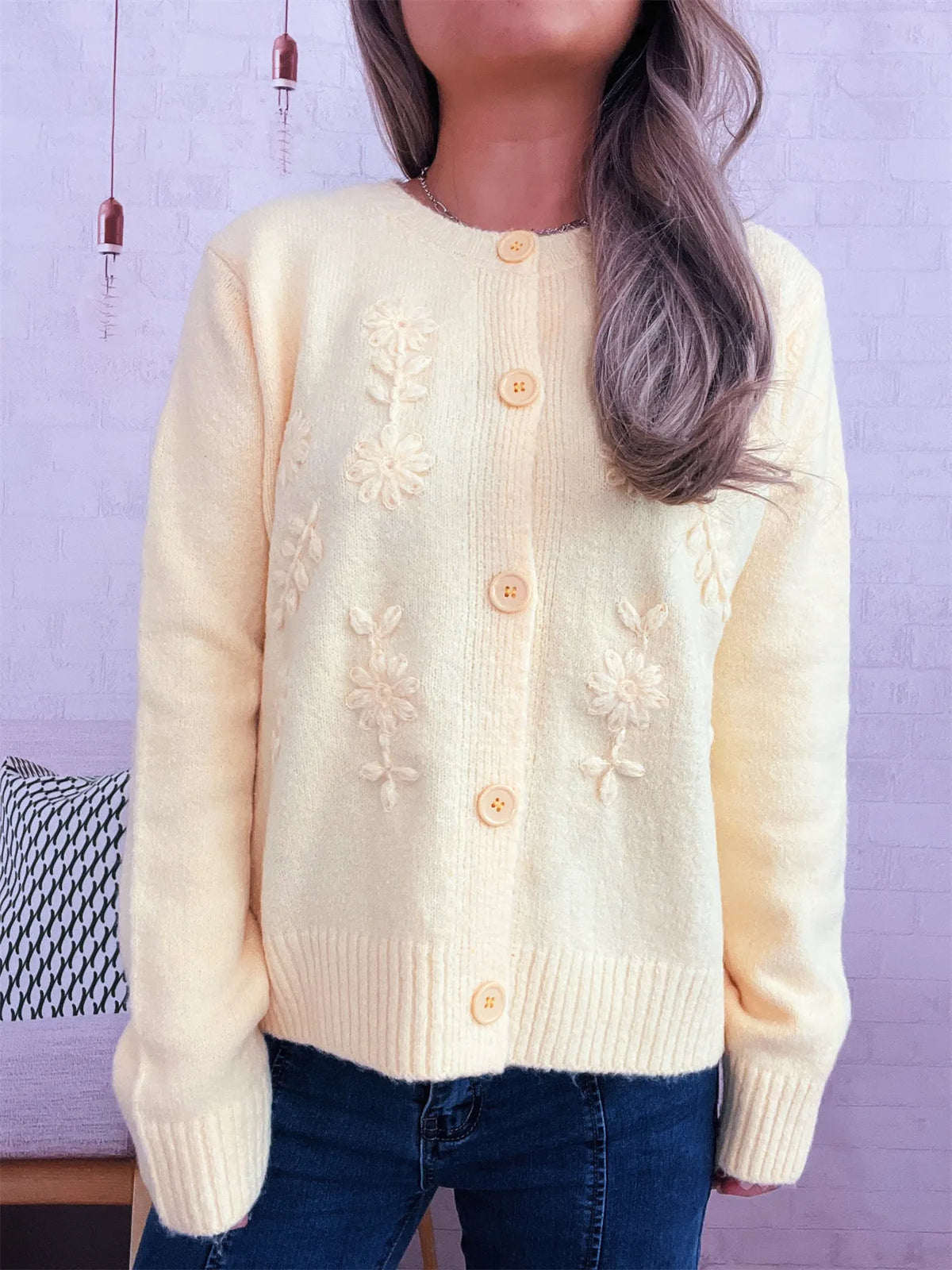 floral embroidered button up ribbed cardigan hem detail