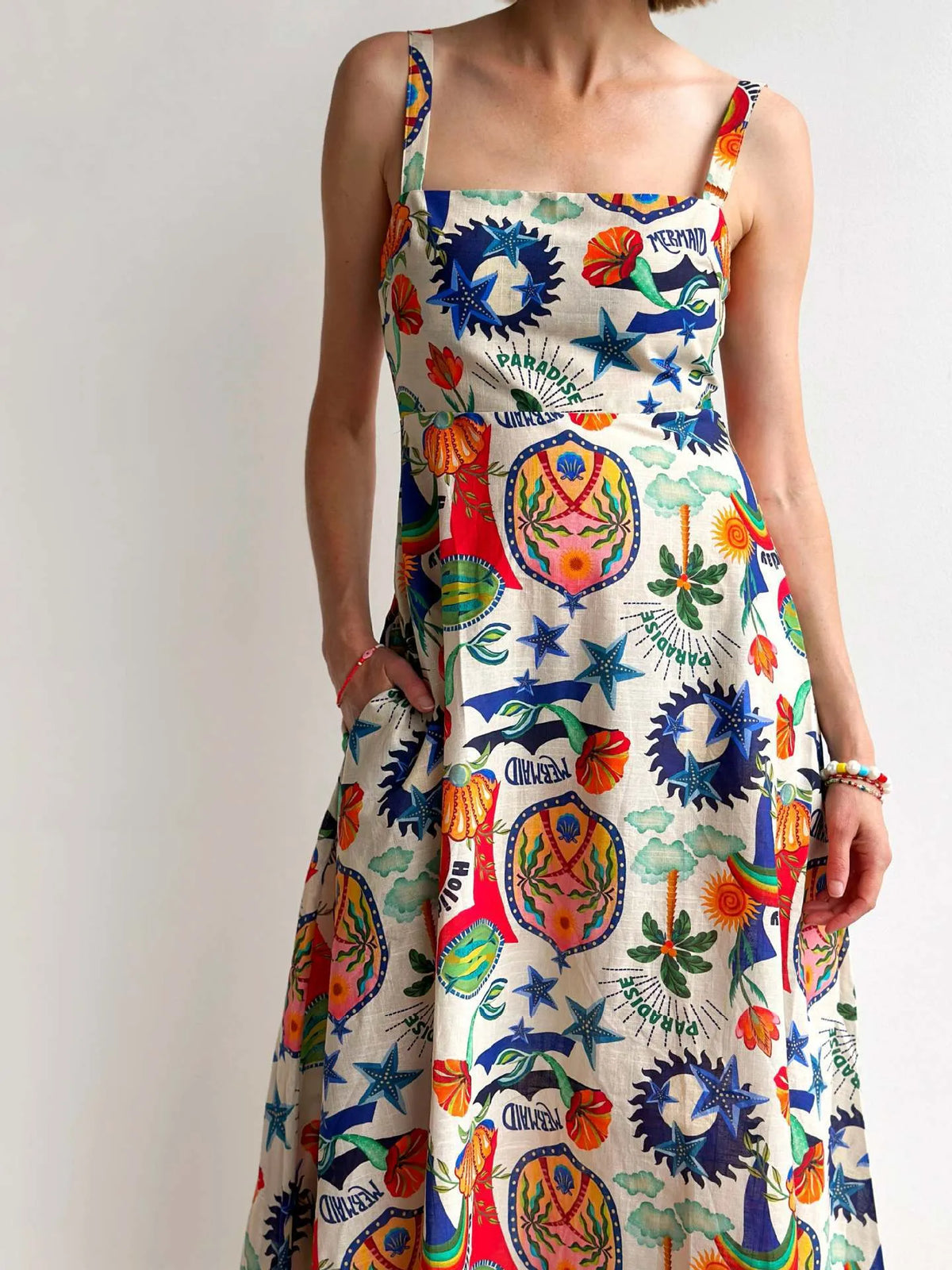 Printed square neck maxi cami dress close up of the neckline