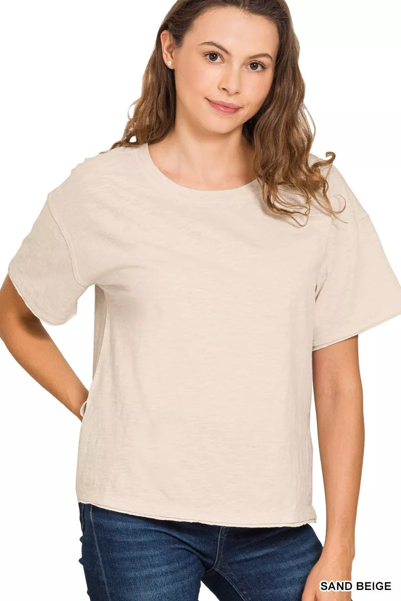 Sand beige cotton slub short sleeve tee front view