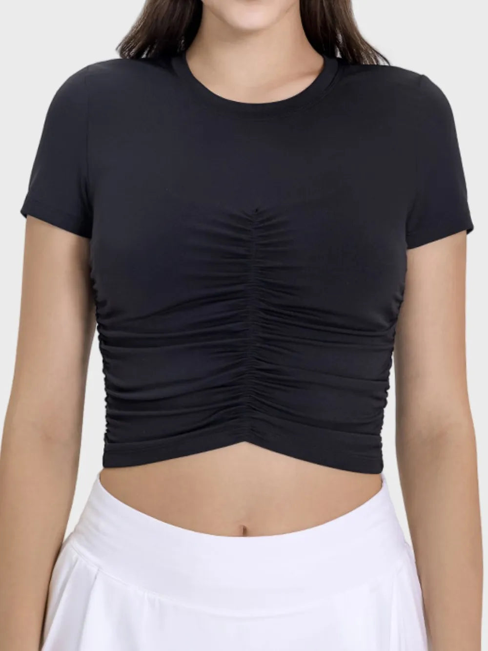 Millennia Ruched Round Neck Short Sleeve Active T-Shirt Black - Fashorio