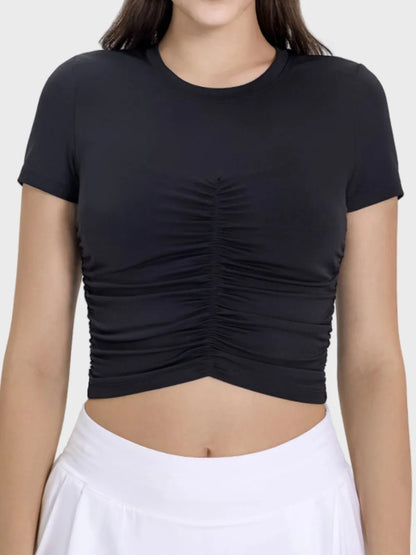 Millennia Ruched Round Neck Short Sleeve Active T-Shirt Black - Fashorio