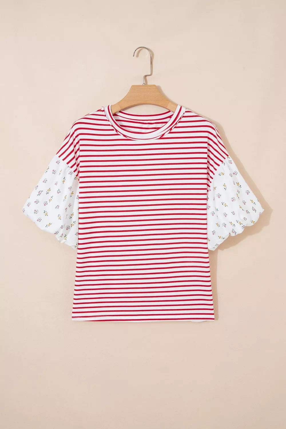 Burnt coral floral stripe top round neckline detail