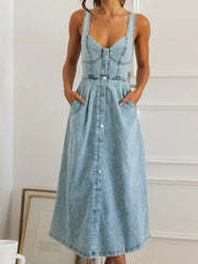 Sweetheart Neck Button-Front Midi Denim Dress Blue - Fashorio