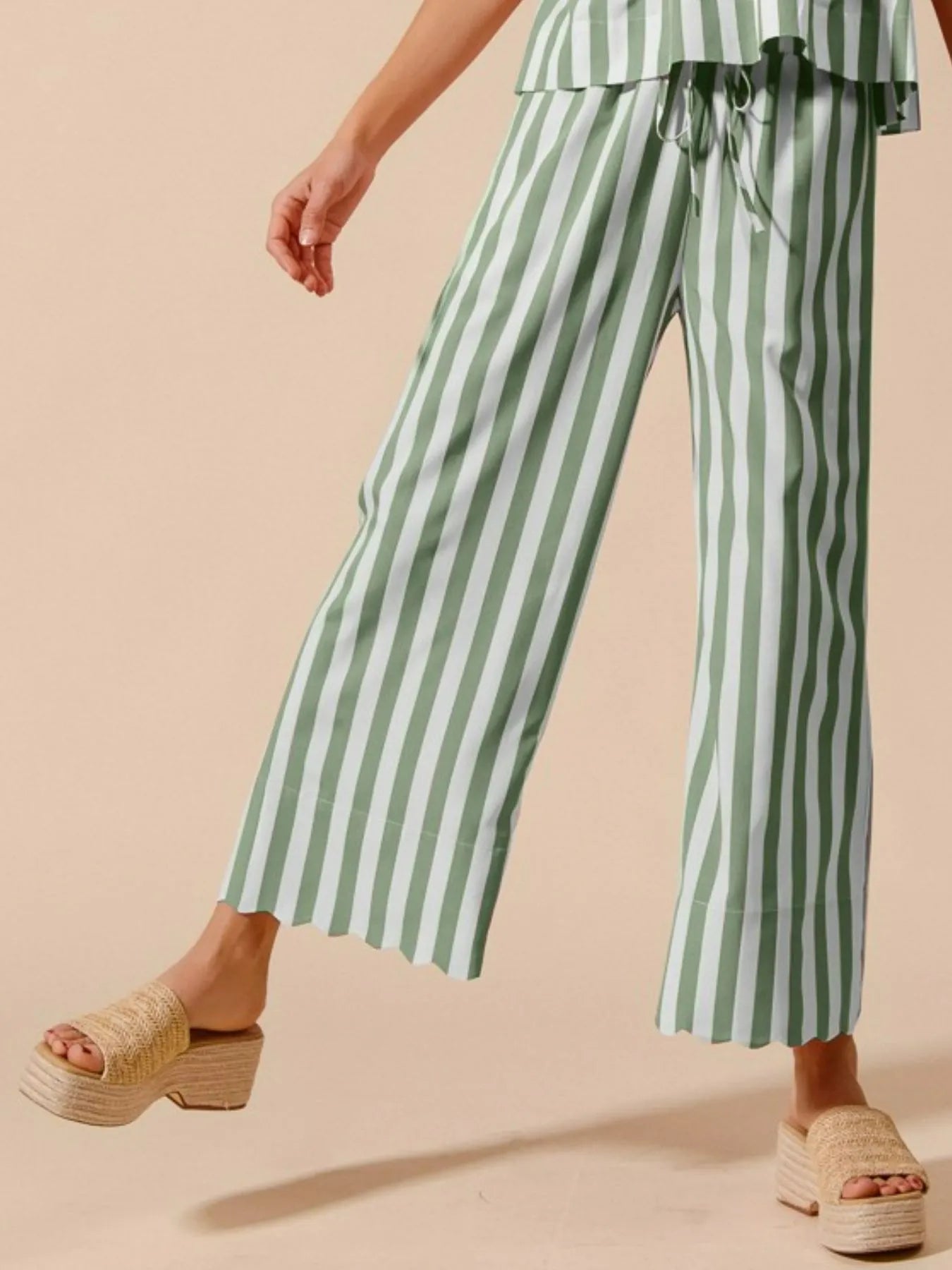 SO ME Front Tie Stripe Puff Sleeves Top and Wide Leg Pants Set - Fashorio