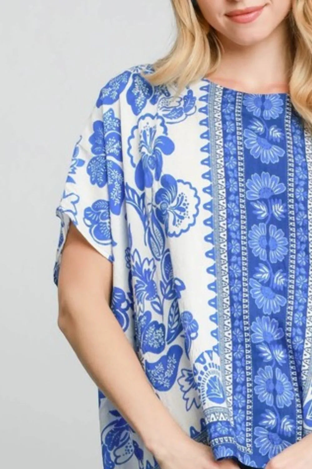 Oversized floral border print top plus size drape detail