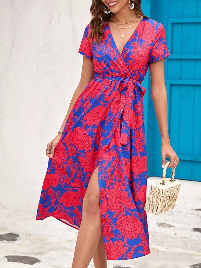 Surplice short sleeve wrap midi dress front view