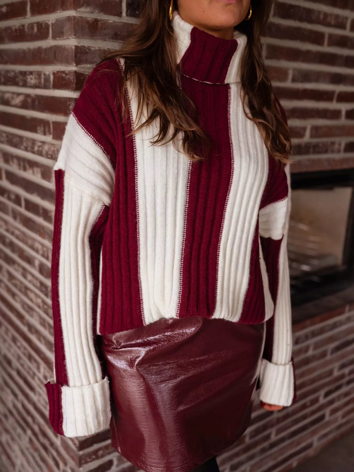 color block ribbed turtleneck sweater full length view