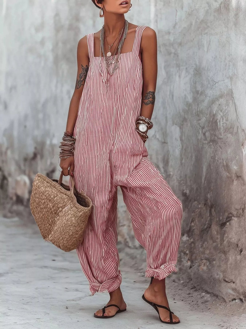 Striped square neck wide leg jumpsuit front view