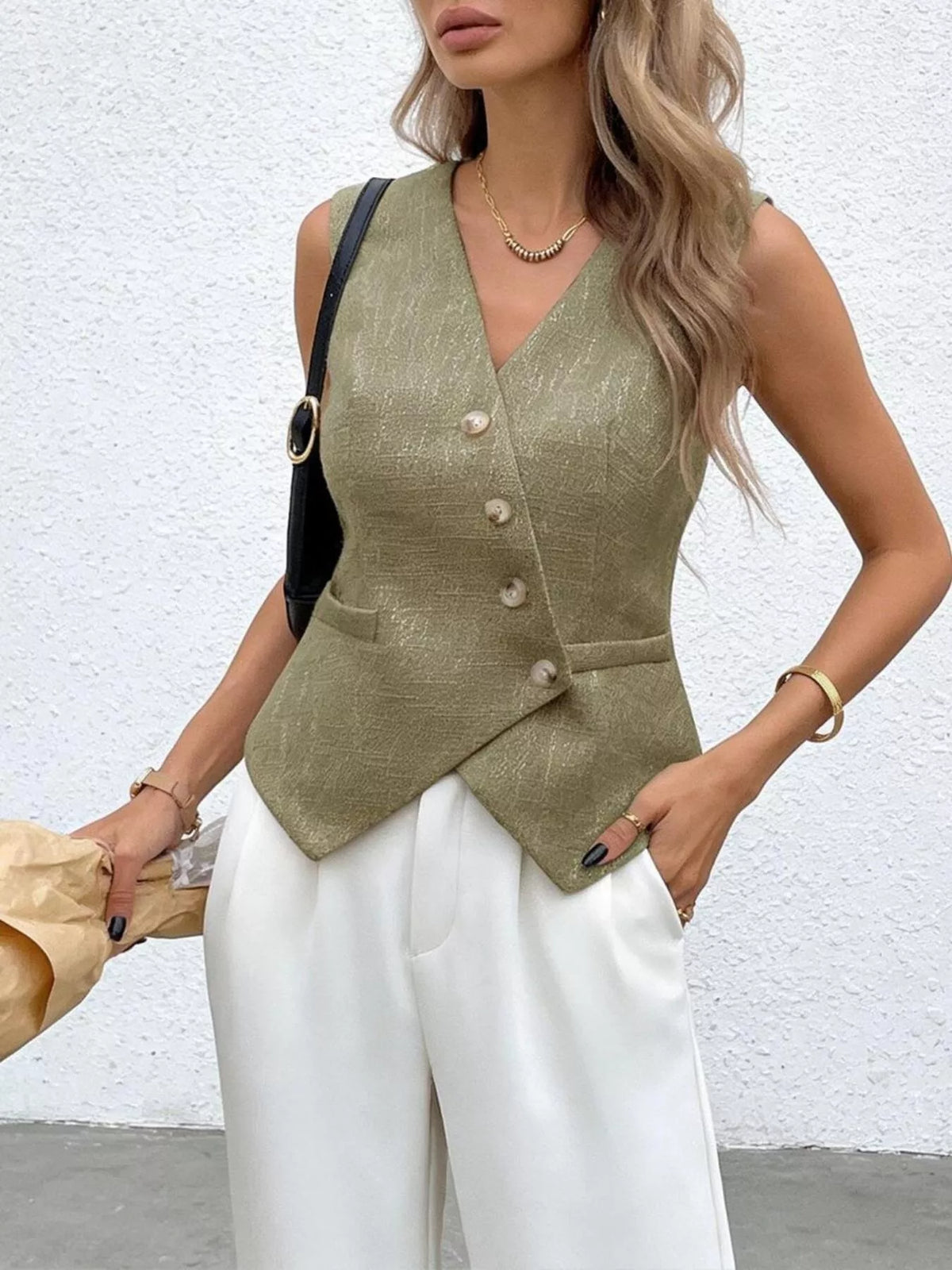 asymmetrical button front vest styled on model