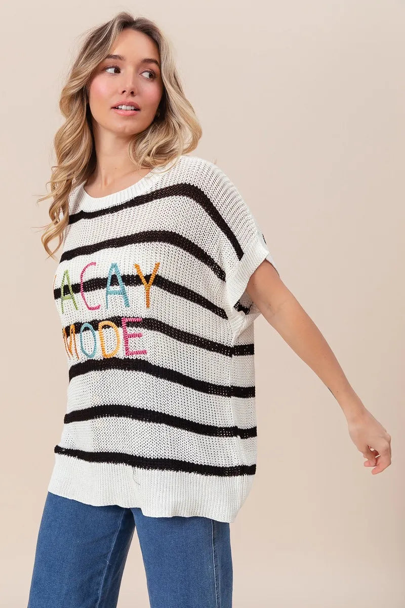 BiBi Vacay Mode Lettering Drop Shoulder Striped Sweater - Fashorio