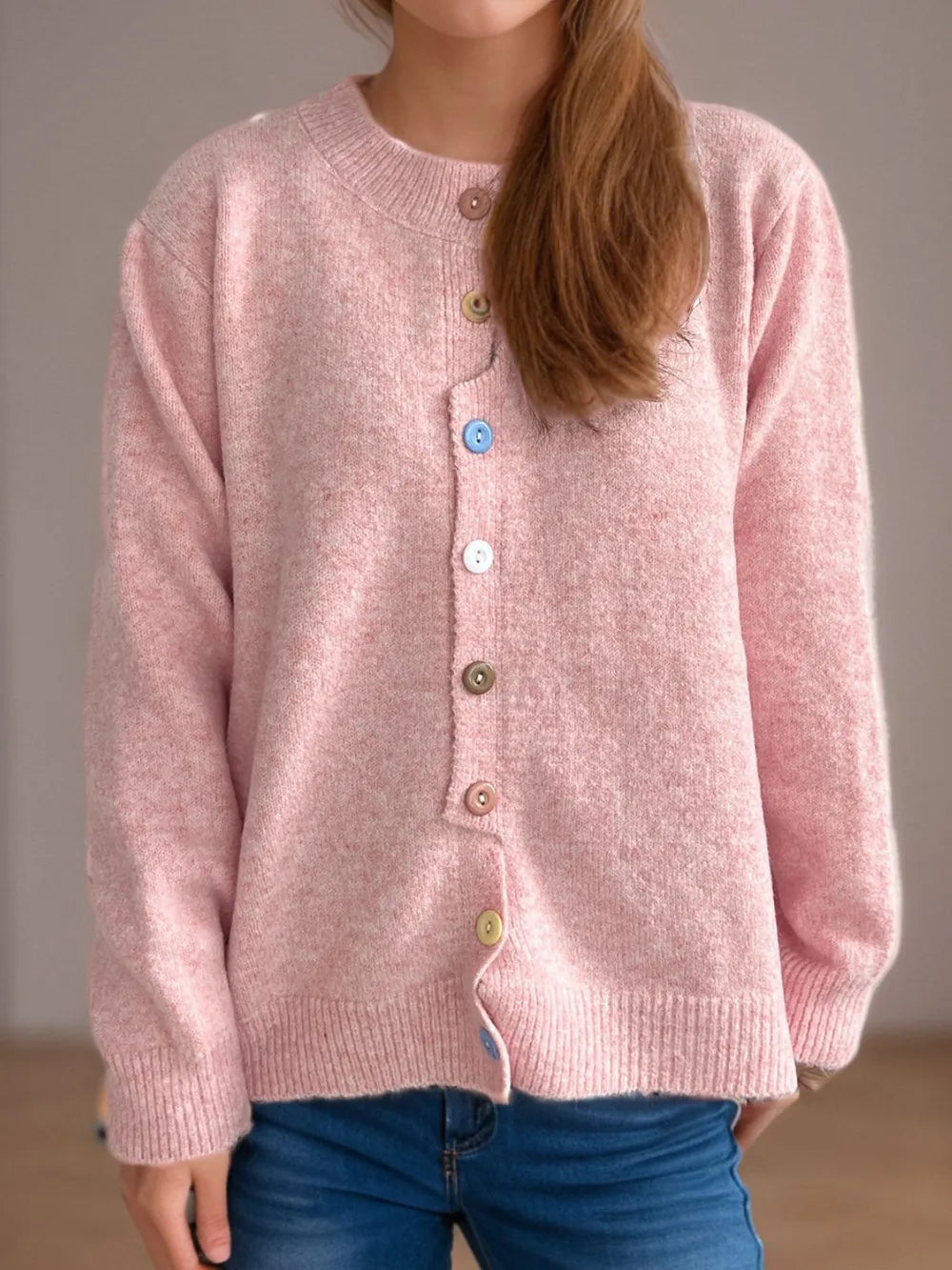 Button Down Long Sleeve Cardigan Blush Pink One Size - Fashorio