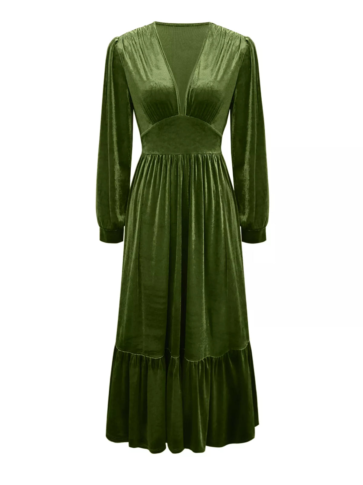 Ruffled hem long sleeve maxi dress close up of fabric