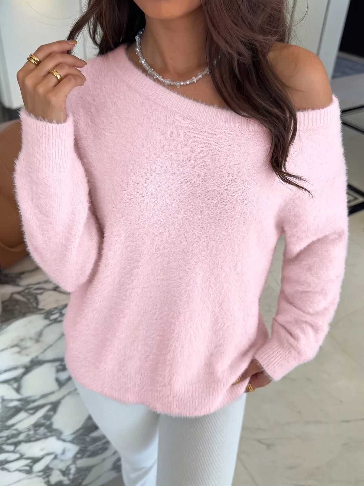 Pink fluffy long sleeve sweater front view