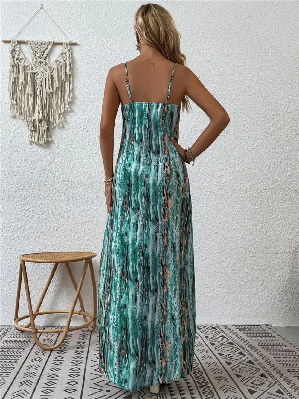 Printed scoop neck maxi cami dress three quarter view